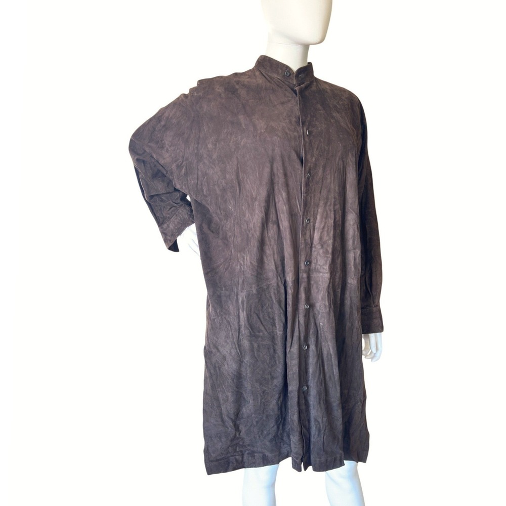 Eskandar Brown Suede Leather Mandarin Collar Button Down Tunic Shirt Jacket